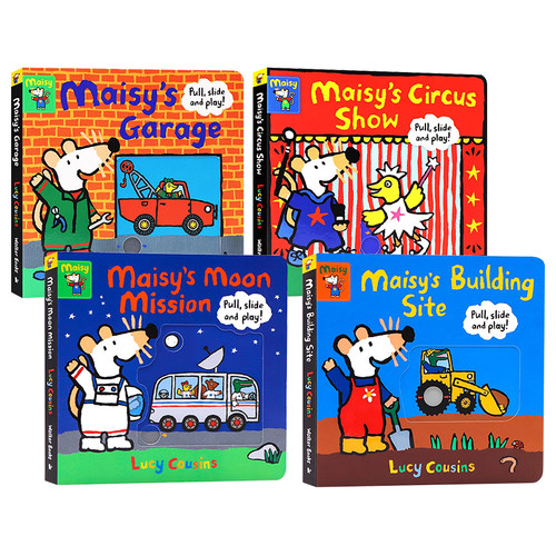 小鼠波波推拉机关操作纸板书4册英文原版绘本 Maisy's  garage/Moon Mission/Circus Show 亲子互动玩具游戏书 幼儿早教启蒙认知