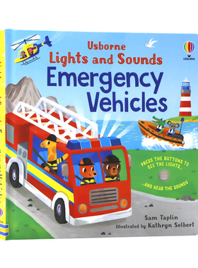 Usborne出品应急车辆的声音与灯光 英文原版绘本 Lights and Sounds Emergency Vehicles 发光发声书纸板洞洞触摸书低幼启蒙认知