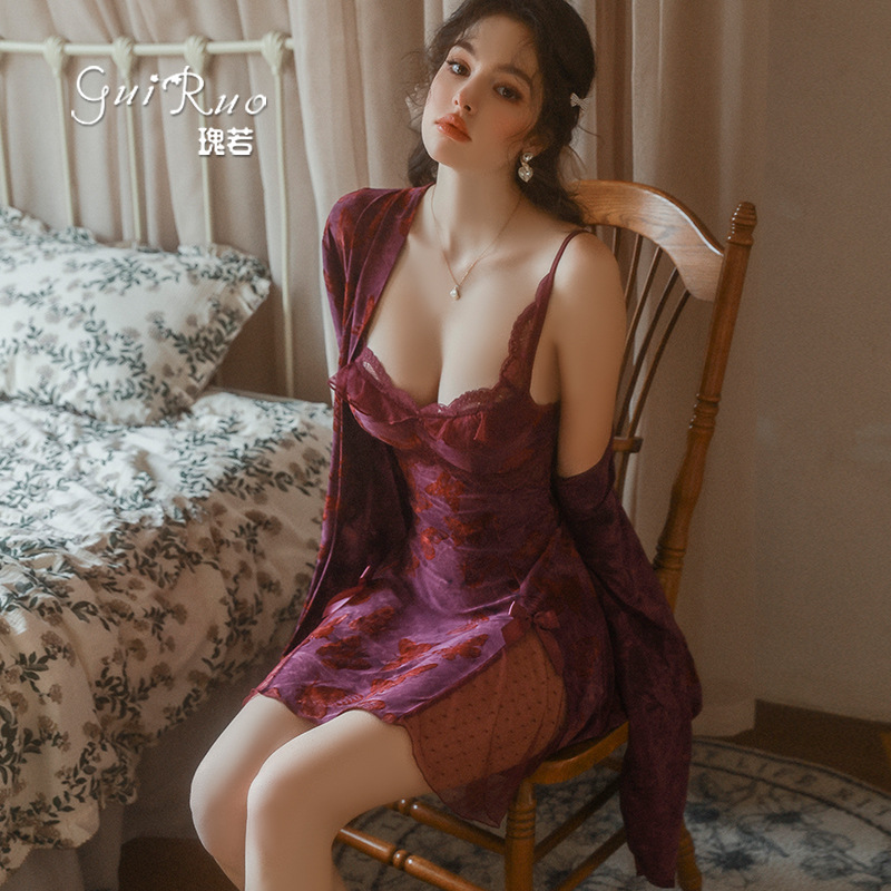 瑰若性感诱惑蝴蝶印花睡衣深V聚拢加胸垫蕾丝睡裙外袍套装QJ5286