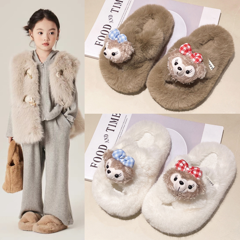 女童毛毛拖鞋2025秋冬新款室内防滑一字拖鞋洋气儿童外穿保暖棉拖