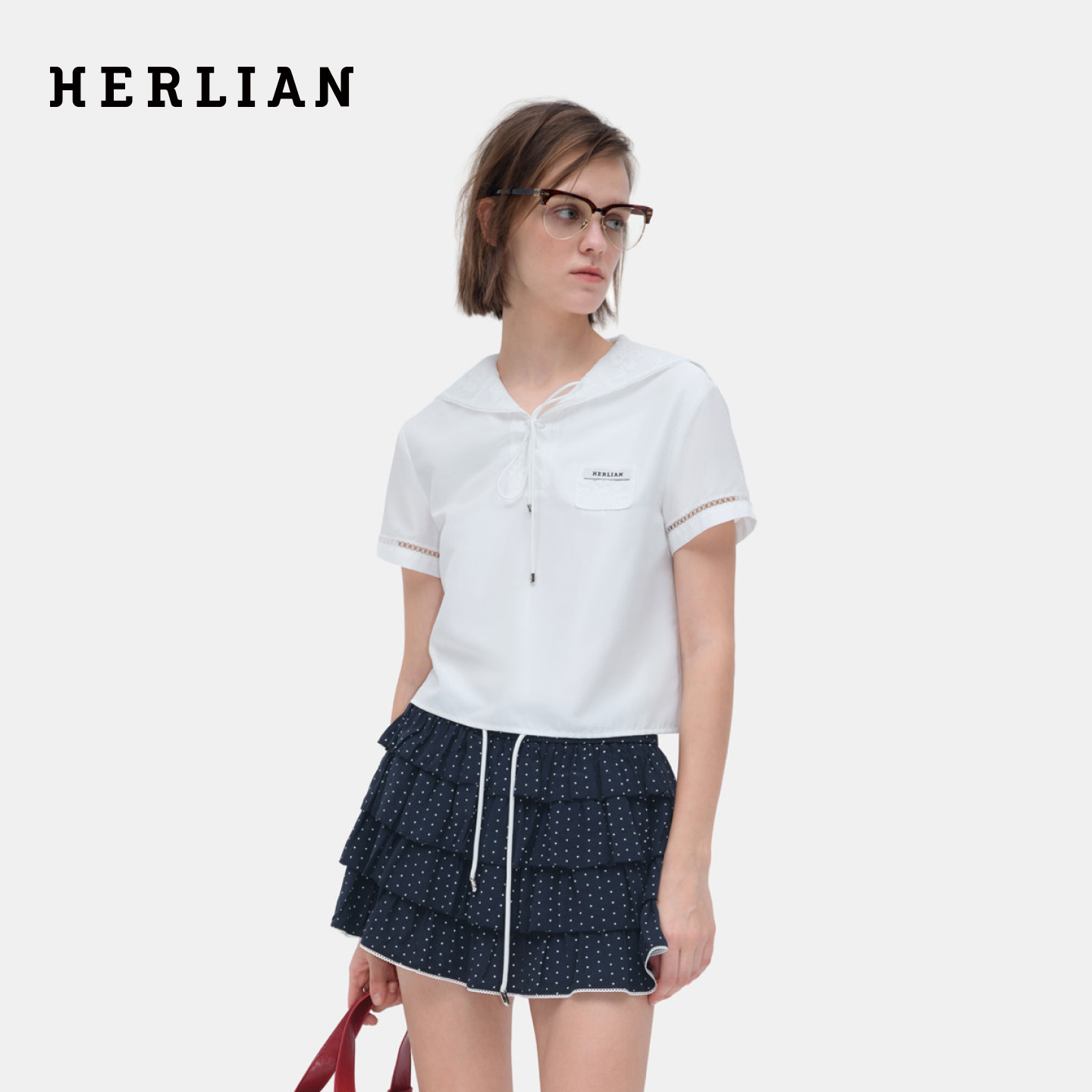 HERLIAN 2026年夏季新品海军领开衫小上衣女士学院风短袖衬衫