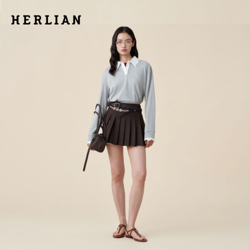 HERLIAN蕾丝拼接百褶裙