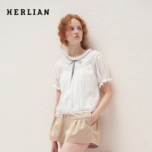 HERLIAN重工刺绣镂空短袖衬衫