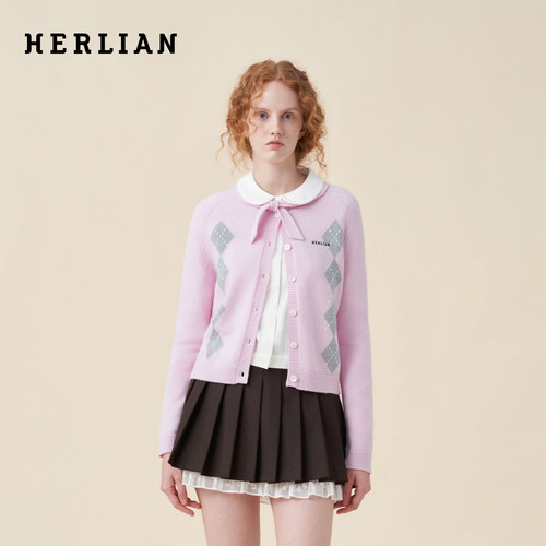 HERLIAN甜美菱格蝴蝶结针织开衫