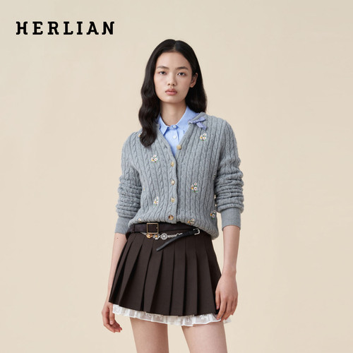 HERLIAN格纹蝴蝶结拼接针织开衫