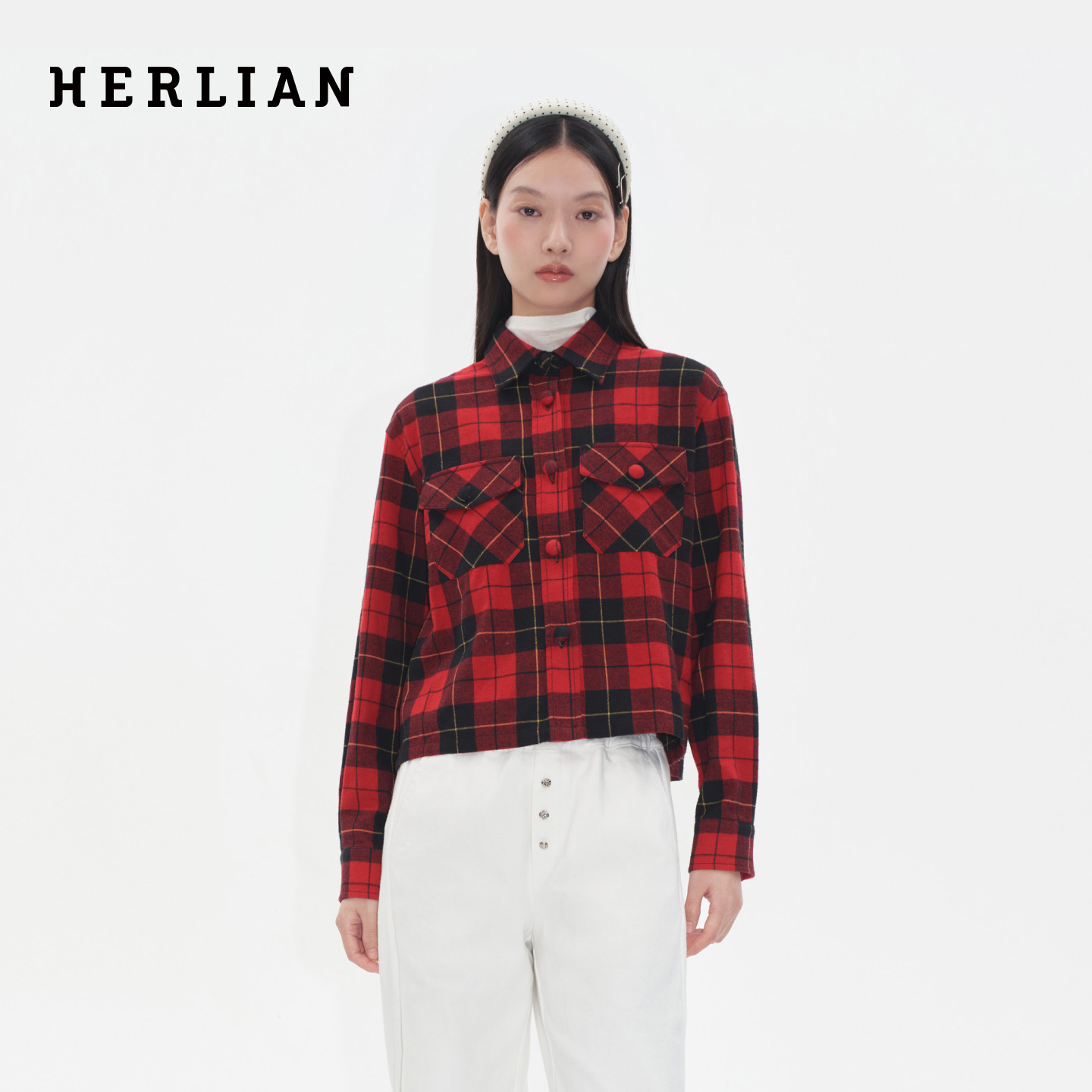 HERLIAN秋季新品女士黑红格纹设计衬衫外套