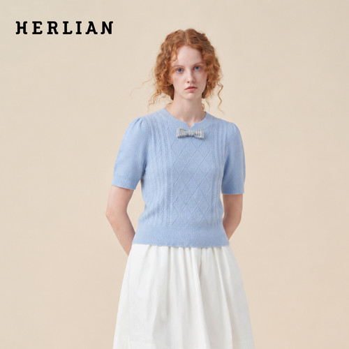 HERLIAN蝴蝶结装饰针织短袖上衣