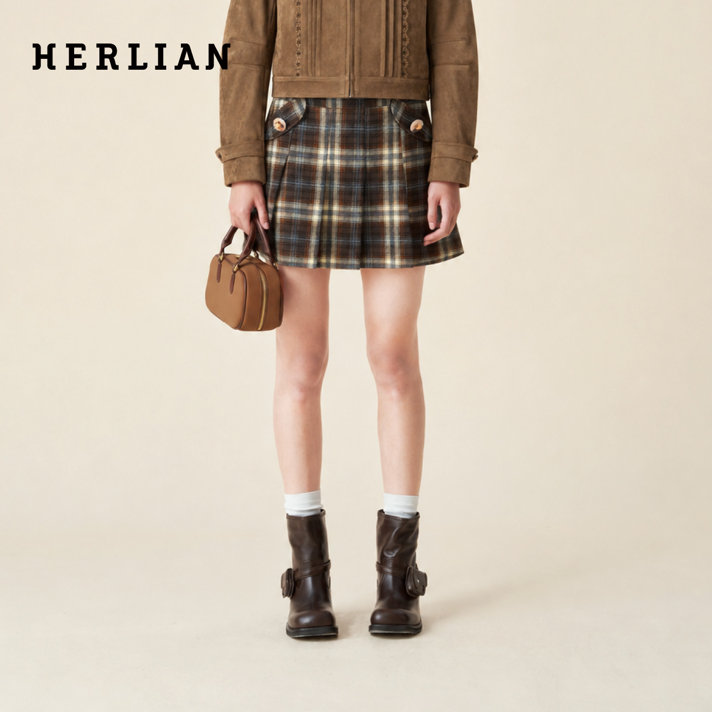 HERLIAN 2026年秋季新品格纹英伦复古学院风百褶裙美拉德高腰短裙