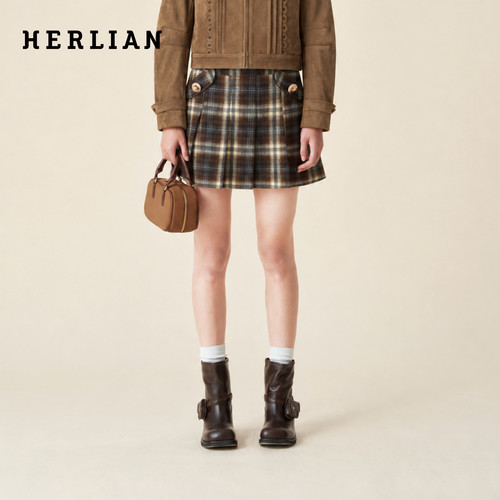 HERLIAN 2026年秋季新品格纹英伦复古学院风百褶裙美拉德高腰短裙