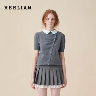 【博主同款】HERLIAN2026年早秋娃娃领假两件斜门襟短袖女针织衫