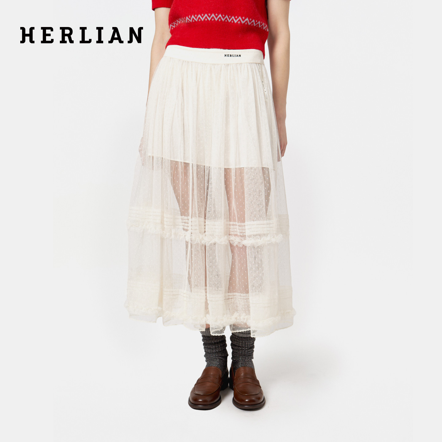 Herlian冬季新品塔克褶设计多层次波点网纱女士半身裙长裙