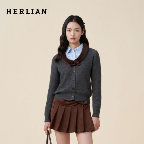 HERLIAN 2026年秋季新品女士毛绒领蝴蝶结长袖针织衫开衫