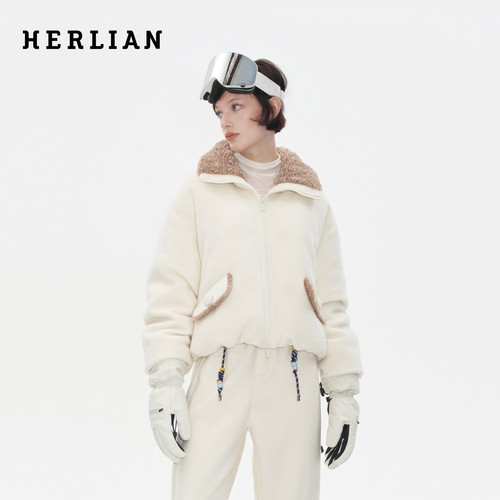 HERLIAN 秋冬新品女士摇粒绒拼接抽绳设计羽绒外套