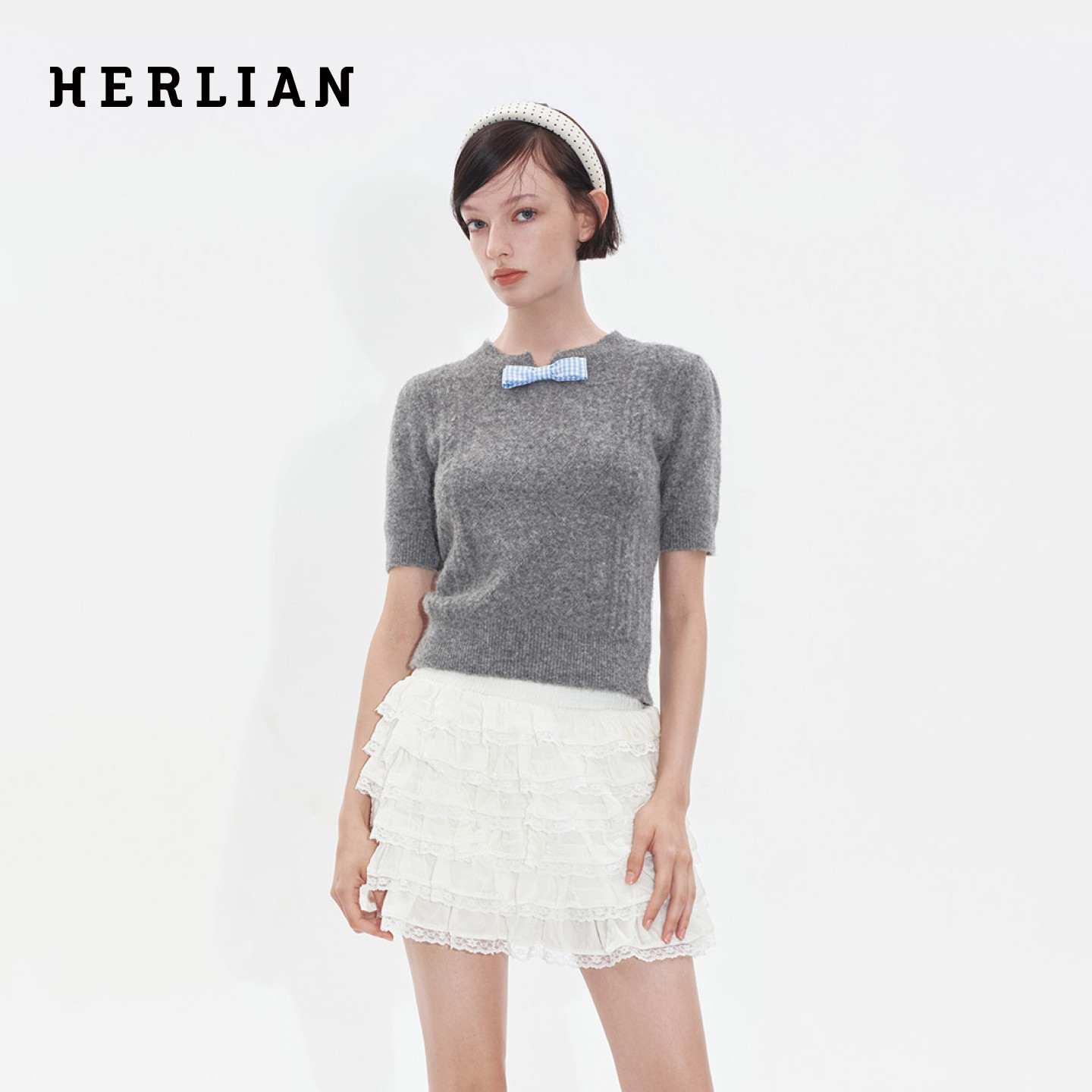 【赵今麦同款】HERLIAN秋季新品女士蝴蝶结miu系针织衫短袖