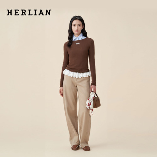 HERLIAN蕾丝拼接高腰工装裤
