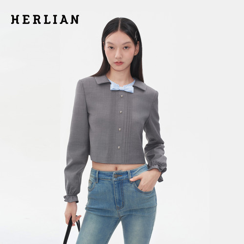 格纹拼色蝴蝶结装饰娃娃领上衣
