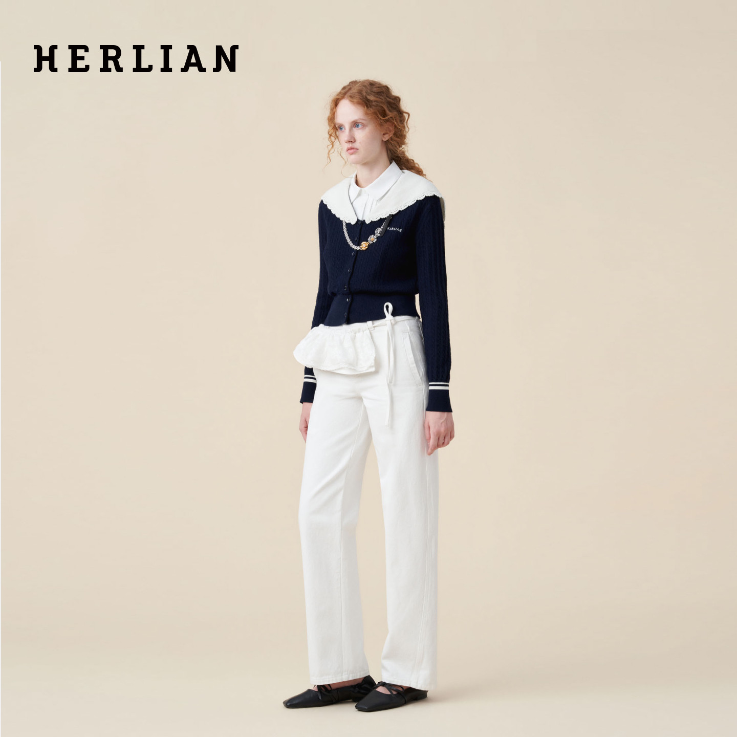 HERLIAN 2026年秋季新品女士蕾丝荷叶边可拆卸休闲裤直筒牛仔裤