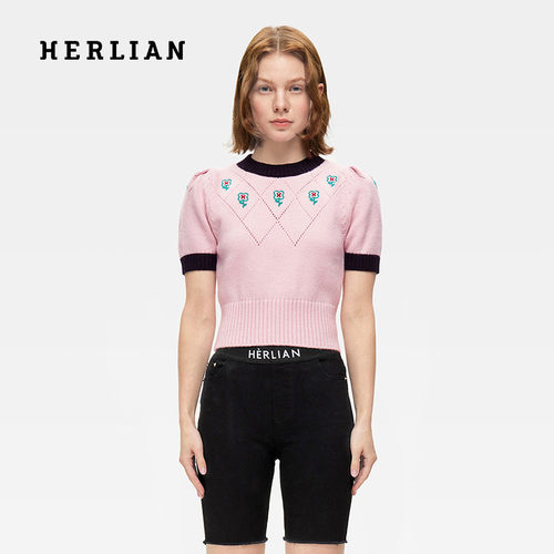泡泡袖撞色针织衫HERLIAN