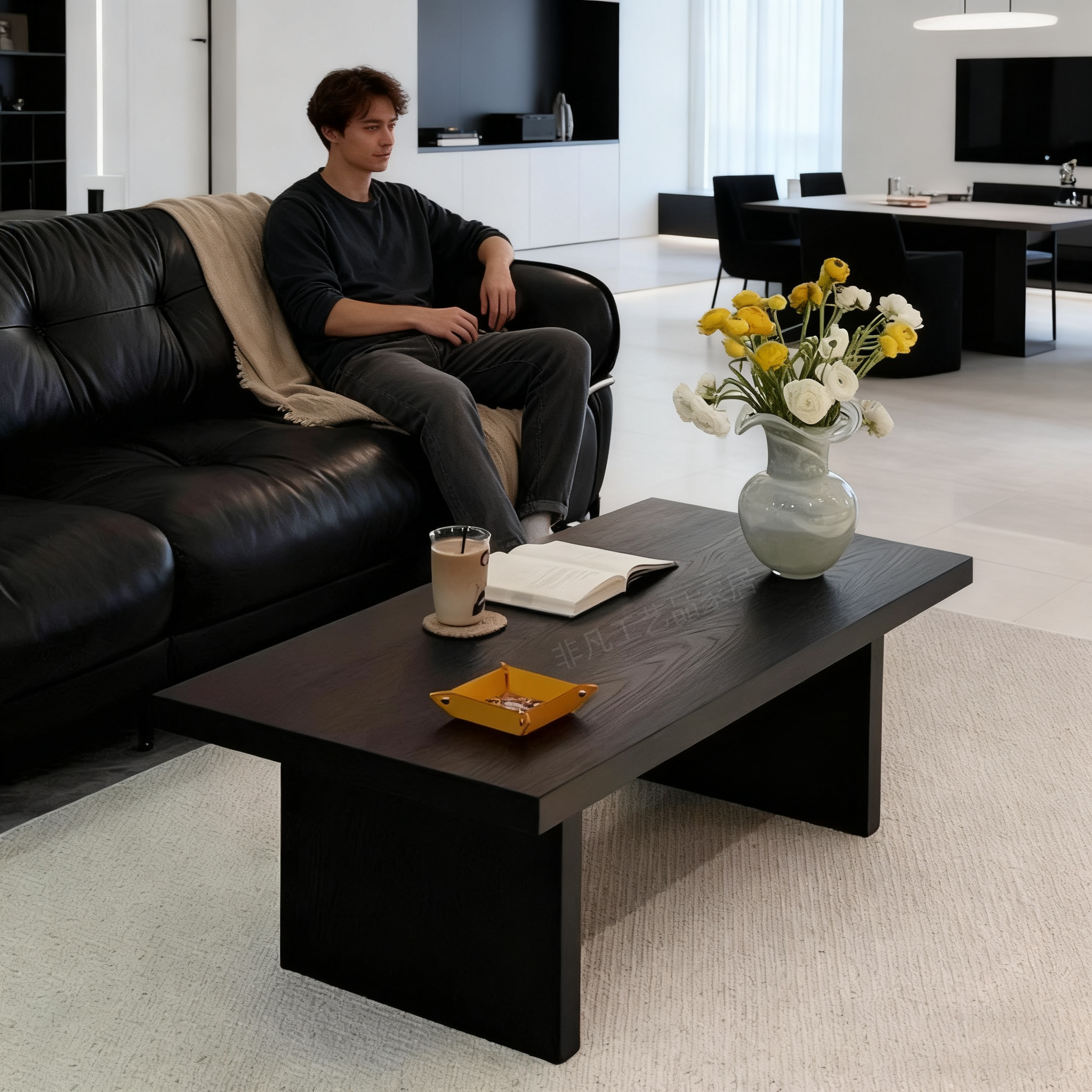 侘寂风黑色实木茶几日式阳台