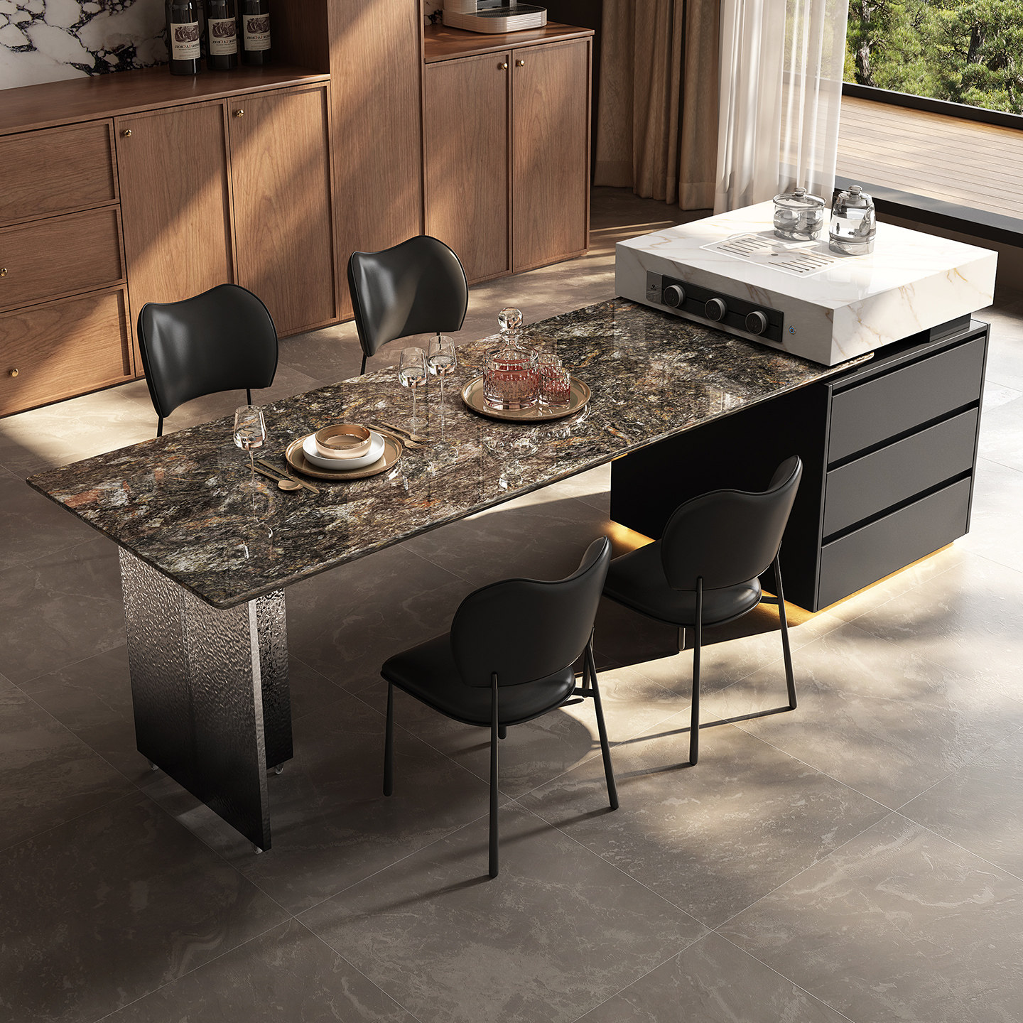 意式天然奢石岛台餐桌一体铂金钻可伸缩高级感别墅客厅中导台