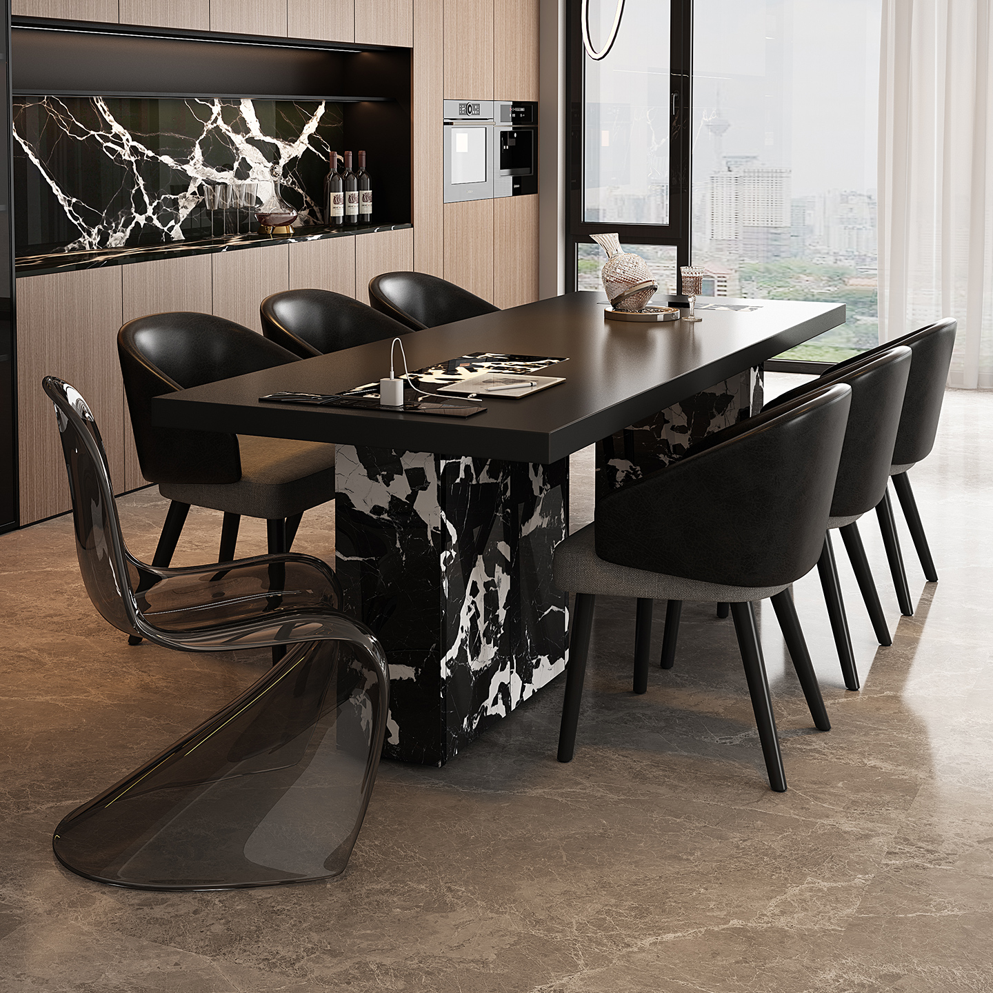 意式极简岩板餐桌家用长方形饭桌