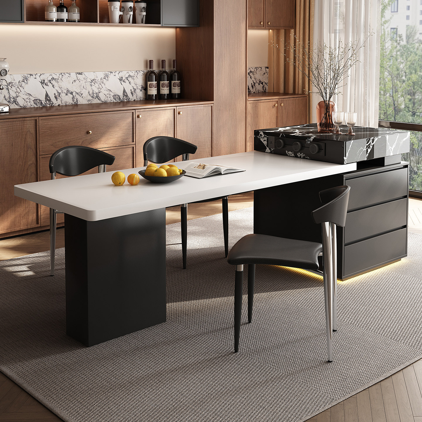 意式极简宝格丽岩板带岛台餐桌一体可伸缩开放厨房高级轻奢风导台,住宅家具,岛台餐桌,淘宝优惠券,粉丝福利购,淘宝优惠卷