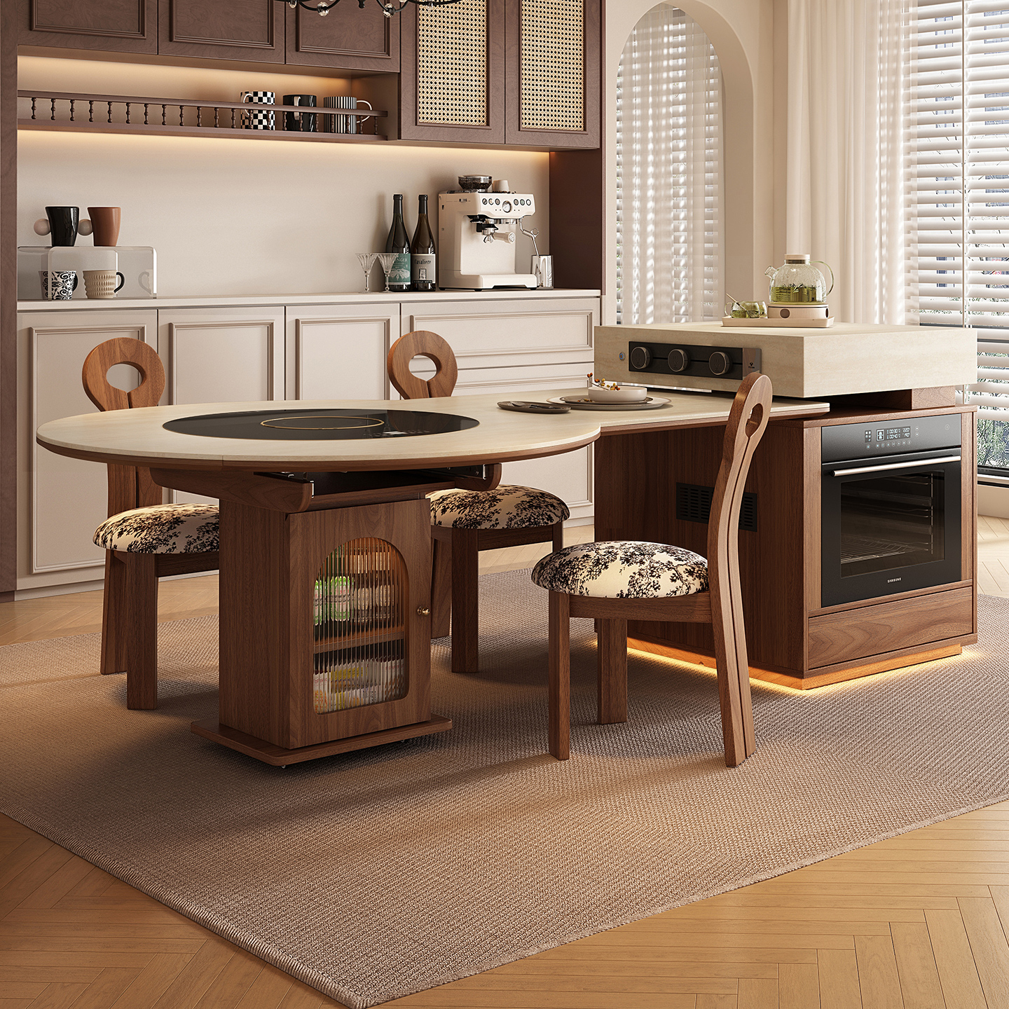 中古风岛台餐桌一体可伸缩圆桌