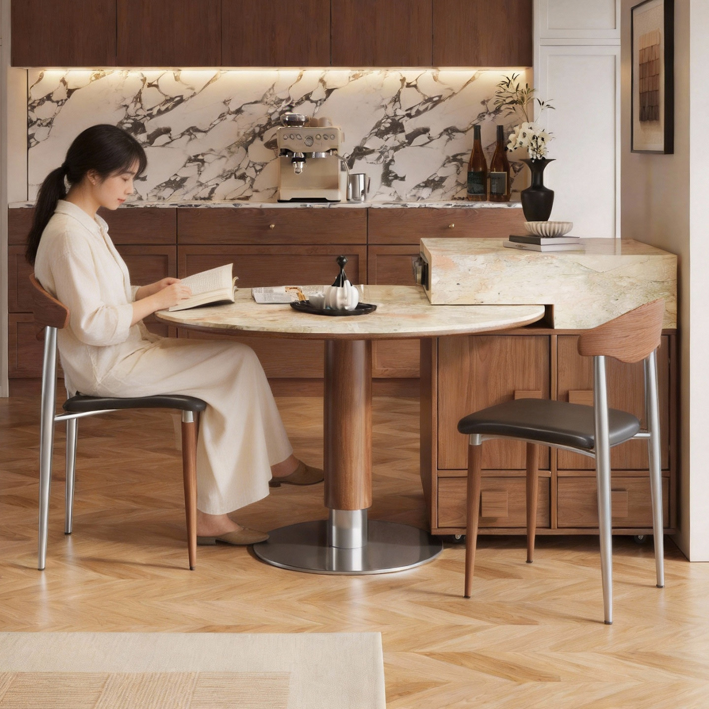 岩板岛台餐桌可伸缩分离家用中古风美式复古开放式厨房餐厅中导台