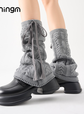 柠萌少女Punk Plaid y2k针织袜套女秋冬堆堆袜中筒袜系带小腿袜新