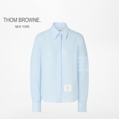 [6期免息][早秋新品]THOM BROWNE 女士成衣染色四条纹亚麻衬衫