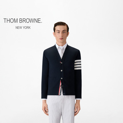 [6期免息][明星同款]THOM BROWNE 男士四条纹针织V领开衫薄外套