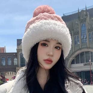 2024新款帽子女冬季毛绒针织帽加厚保暖大头围护耳显脸小百搭洋气