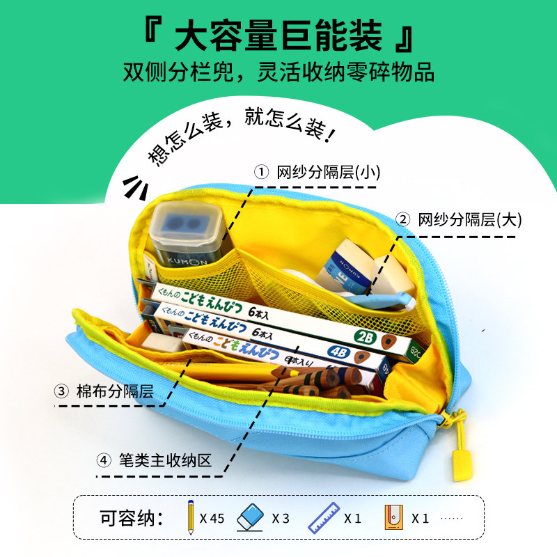 【学生笔袋】公文式KUMON学生笔袋百搭大容量拼接耐脏双拉头文具收纳多层防水 樱花粉 藤蔓黄 公文蓝等任选