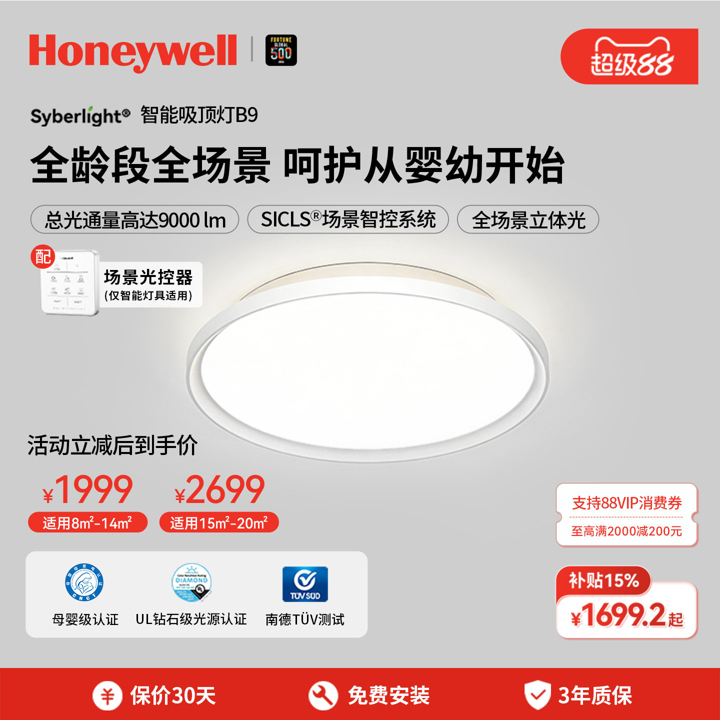 霍尼韦尔护眼吸顶灯婴儿房书房灯儿童房卧室灯漫反射简约现代超亮