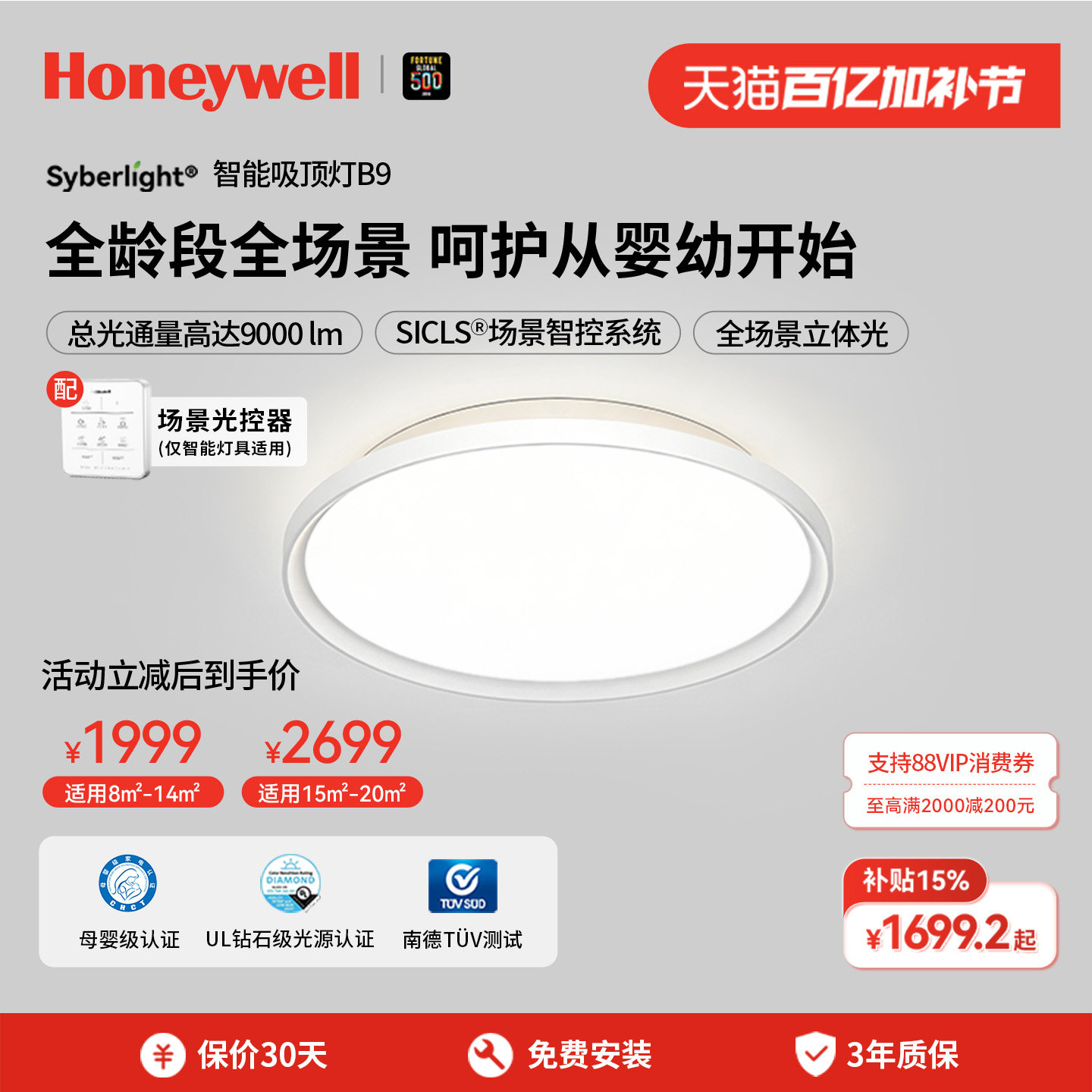 霍尼韦尔护眼吸顶灯婴儿房书房灯儿童房卧室灯漫反射简约现代超亮