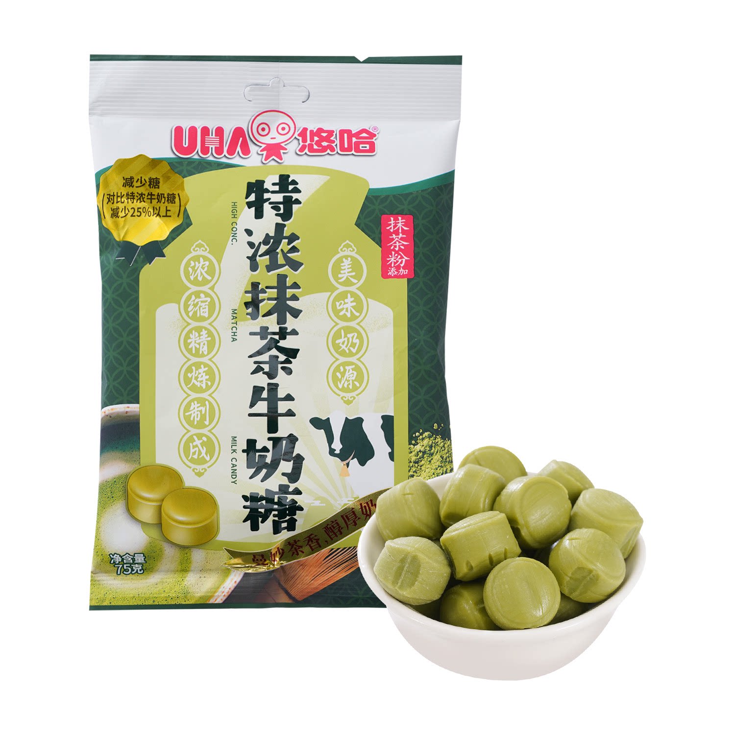 沃集鲜悠哈特浓抹茶牛奶糖75g聚会追剧休闲即食零食沃尔玛代购