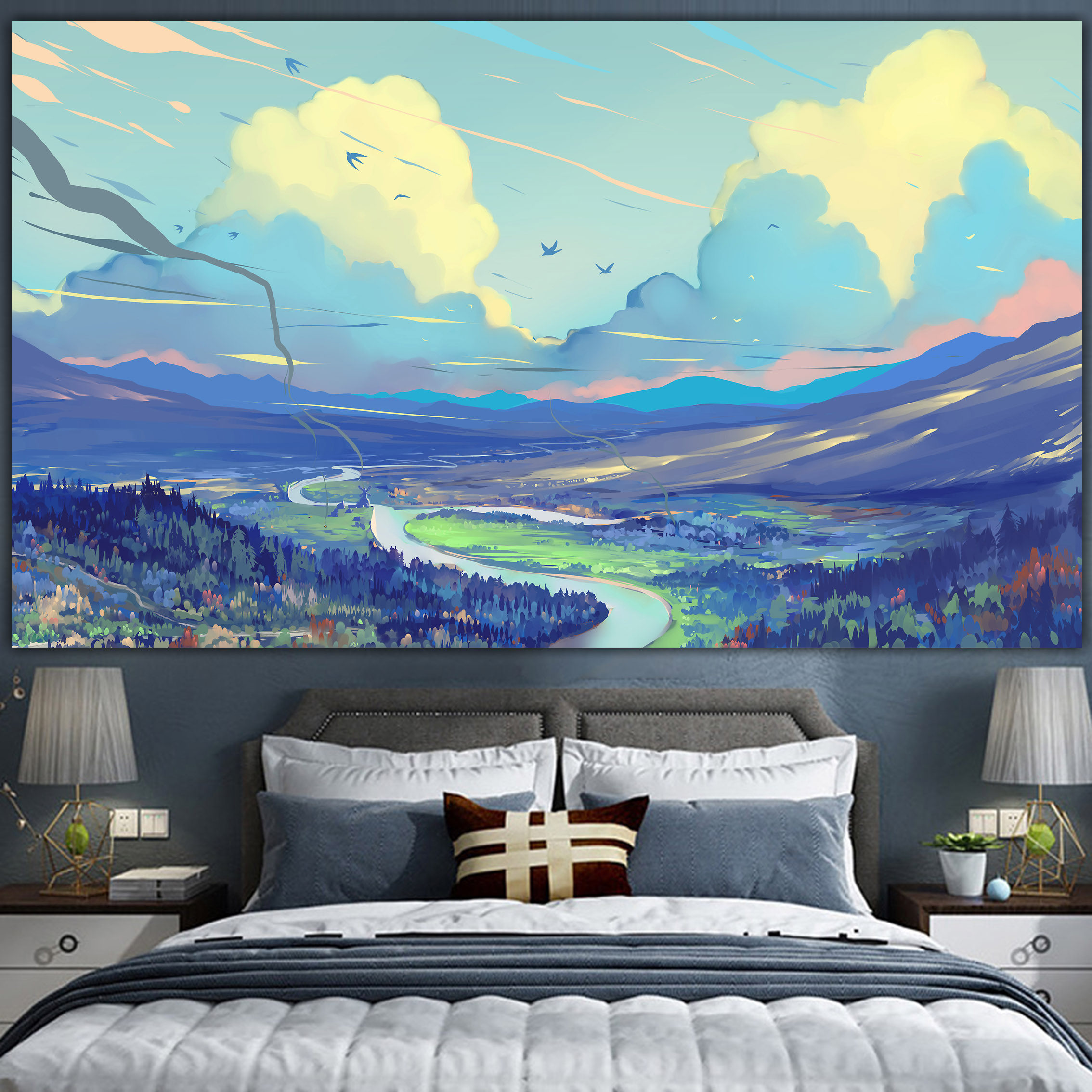 动漫落日云朵黄昏背景布二次元房间卧室宿舍晚霞午后ins风景治愈