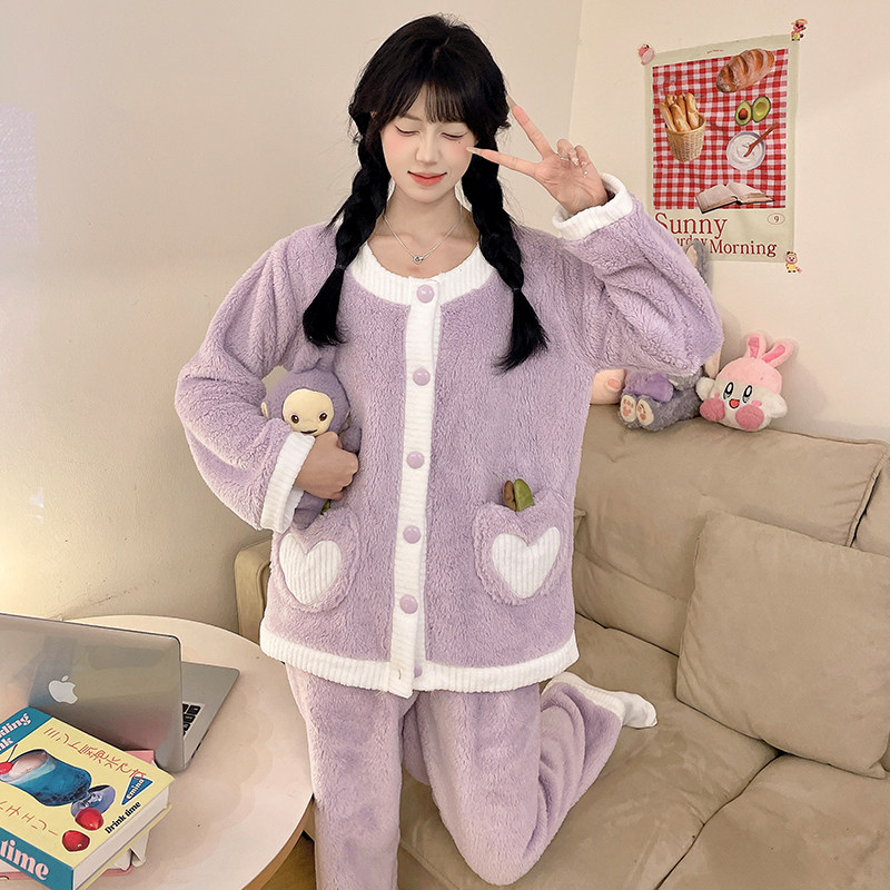 珊瑚绒睡衣女秋冬季加绒加厚开衫