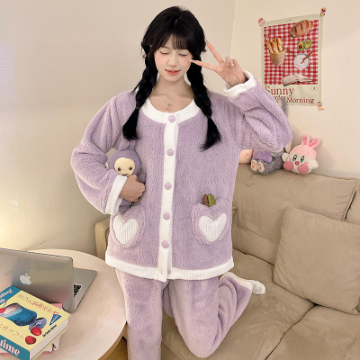 珊瑚绒睡衣女秋冬季加绒加厚开衫