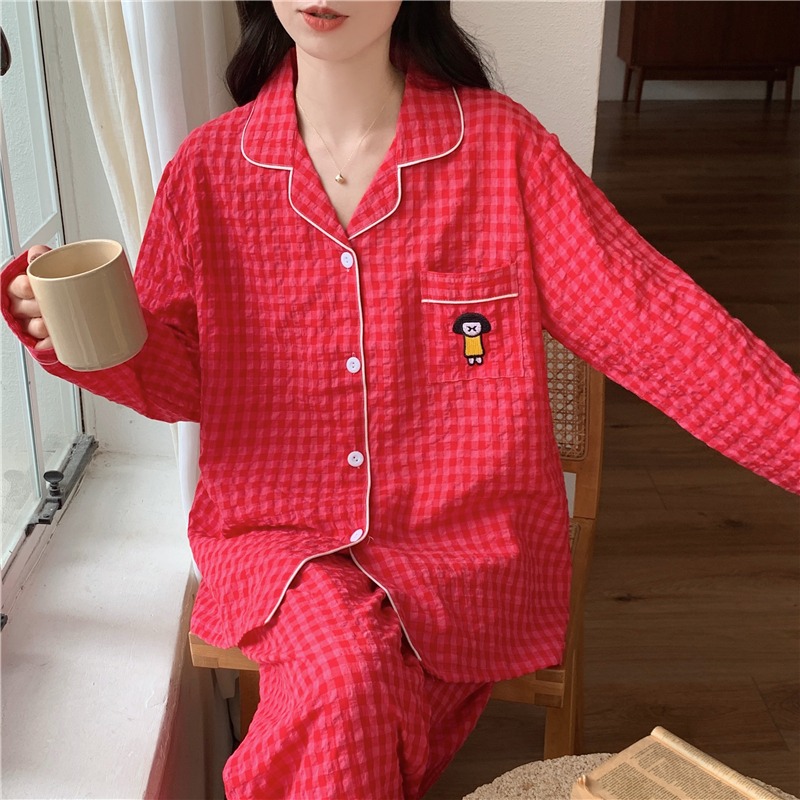 长袖睡衣女春秋季梭织纯棉本命年大红色格子可外穿冬天家居服套装