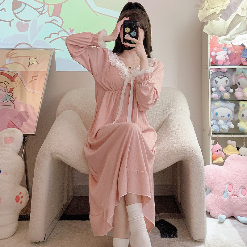 春秋季长袖睡裙中长款带胸垫