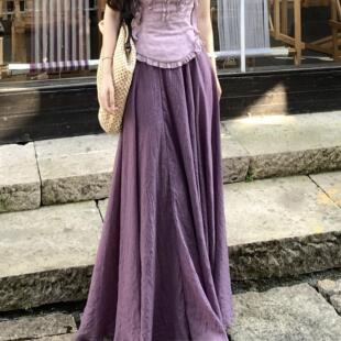 一罐杏仁桃紫苏高腰显瘦气质复古双层飘逸女文艺不规则棉麻半身裙