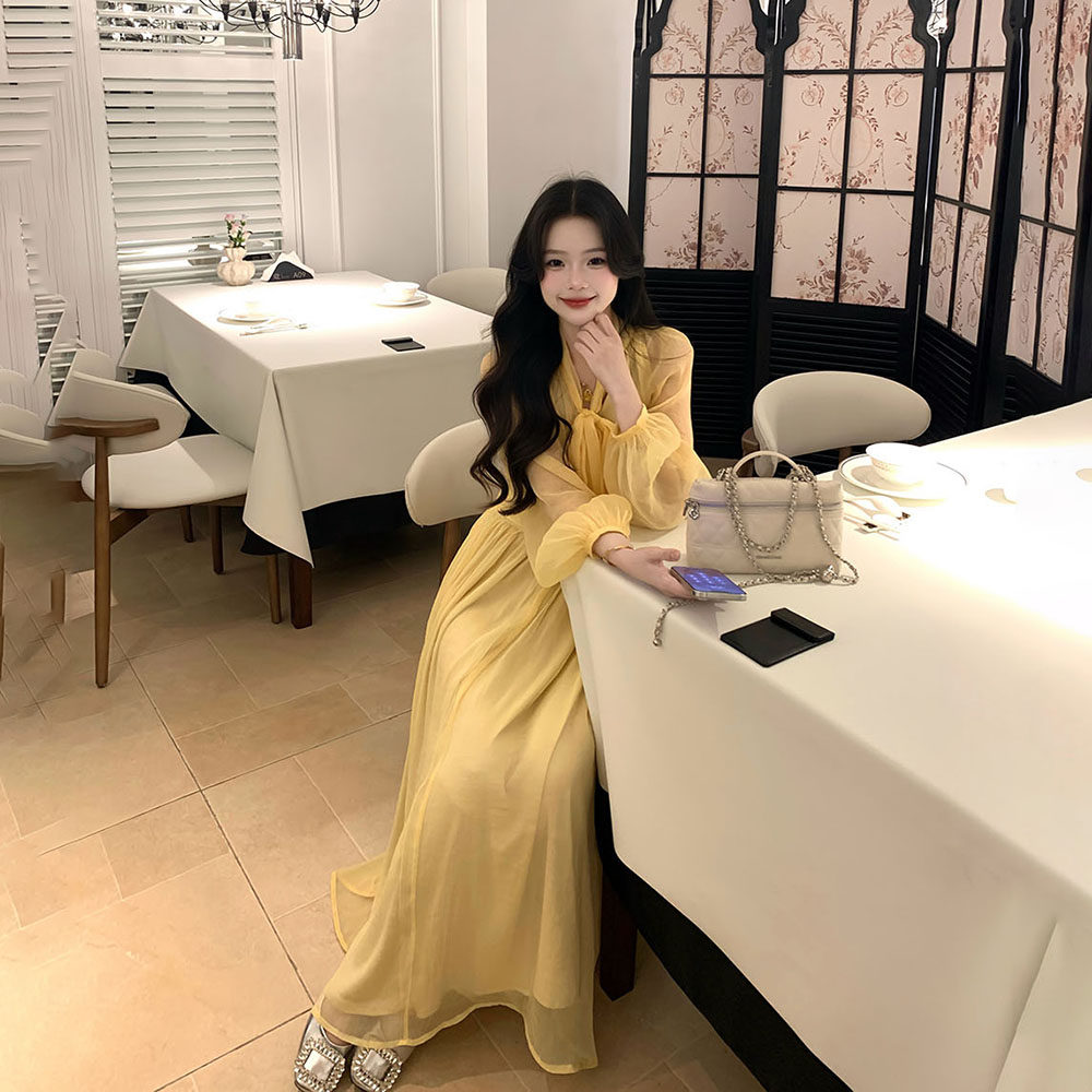 一罐杏仁桃【黄桃汽水】仙女裙黄色长袖连衣裙宽松显瘦气质裙
