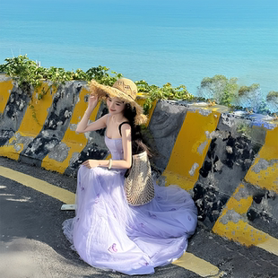 一罐杏仁桃 紫色立体蝴蝶吊带连衣裙网纱长裙温柔吊带裙 紫苑蝶