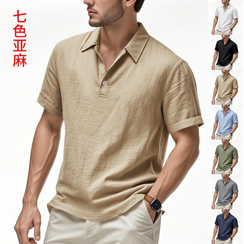 跨境男装亚马逊短袖衫男亚麻英伦Polo衫
