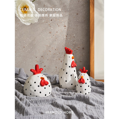 HERMOSO冰裂纹红冠小鸡陶瓷摆件