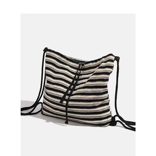 美拉德休闲慵懒风条纹时尚帆布包2025秋冬新款针织包大容量托特包