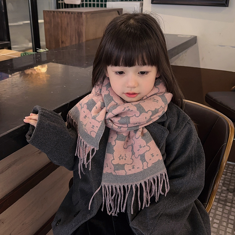 韩版小熊印花儿童围巾2025新款