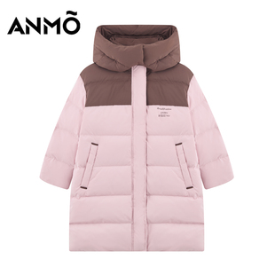 ANMO安墨女童長款 新品 時尚 休閑撞色拼接保暖厚實上衣 羽絨外套冬季