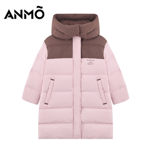 ANMO安墨女童长款羽绒外套冬季新品时尚休闲撞色拼接保暖厚实上衣